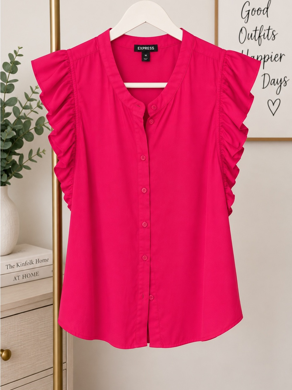 Express Hot Pink Ruffle Sleeve Button-Front Blouse